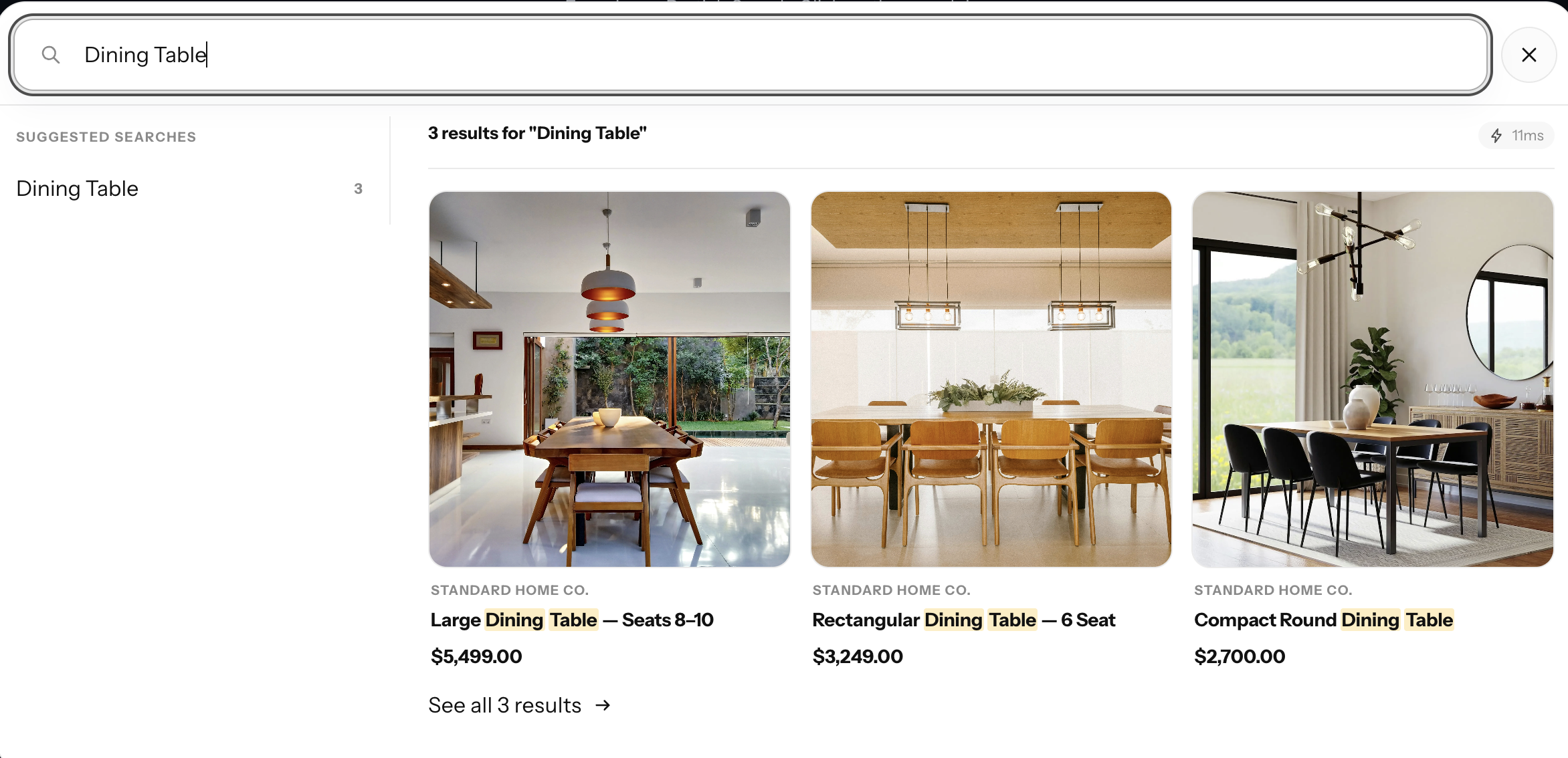 ParticleSearch search results for Dining Table showing three matching products, suggested searches, product images, prices, and response time